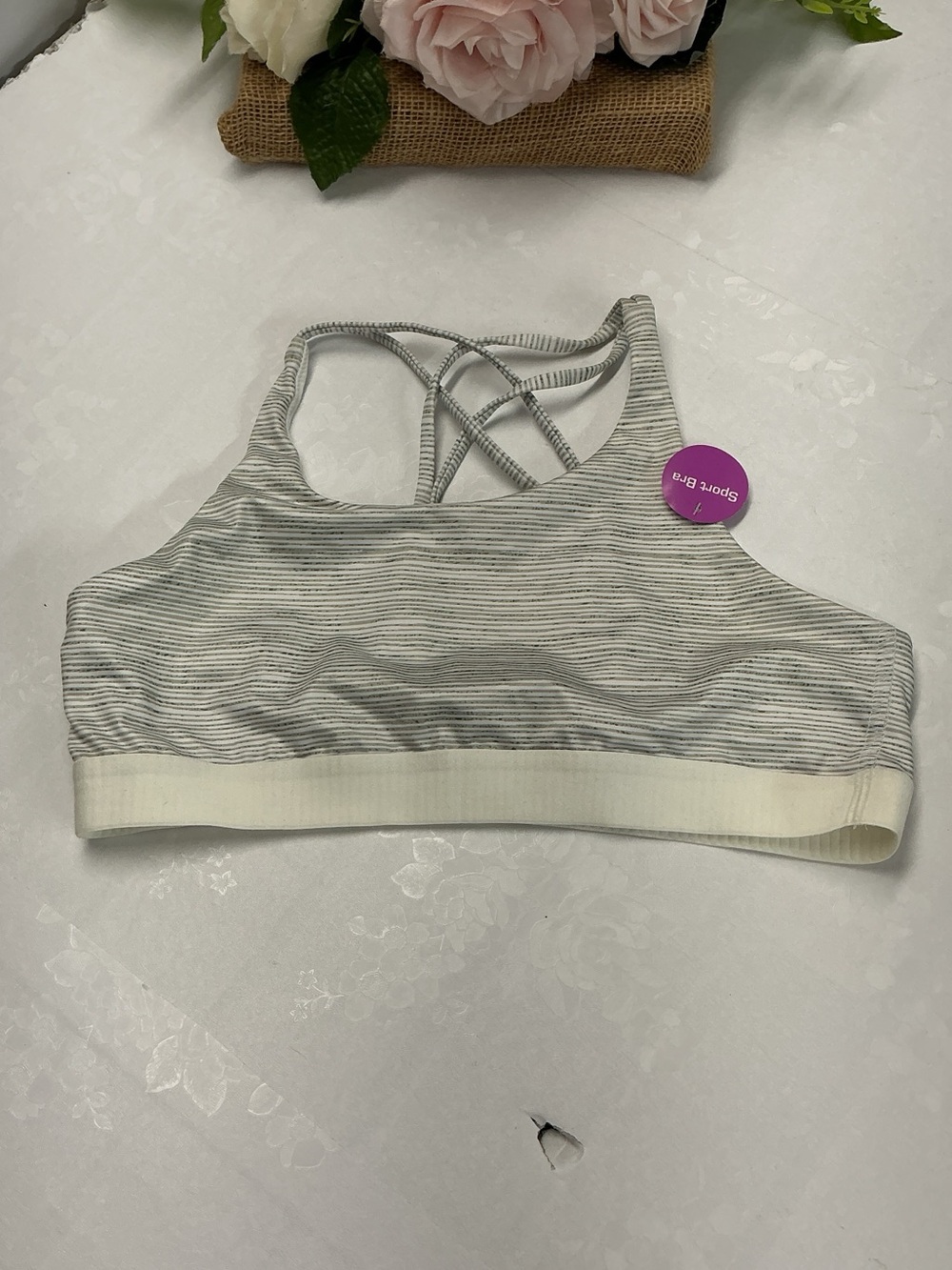 Athletic Works Striped High-Neck Sports Bra in Light Gray and White